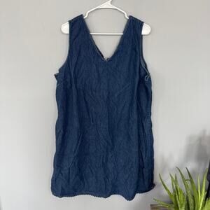 Vintage Women's Denim Mini Dress Sleeveless Plus Size 2X V-Neck Zipper Back
